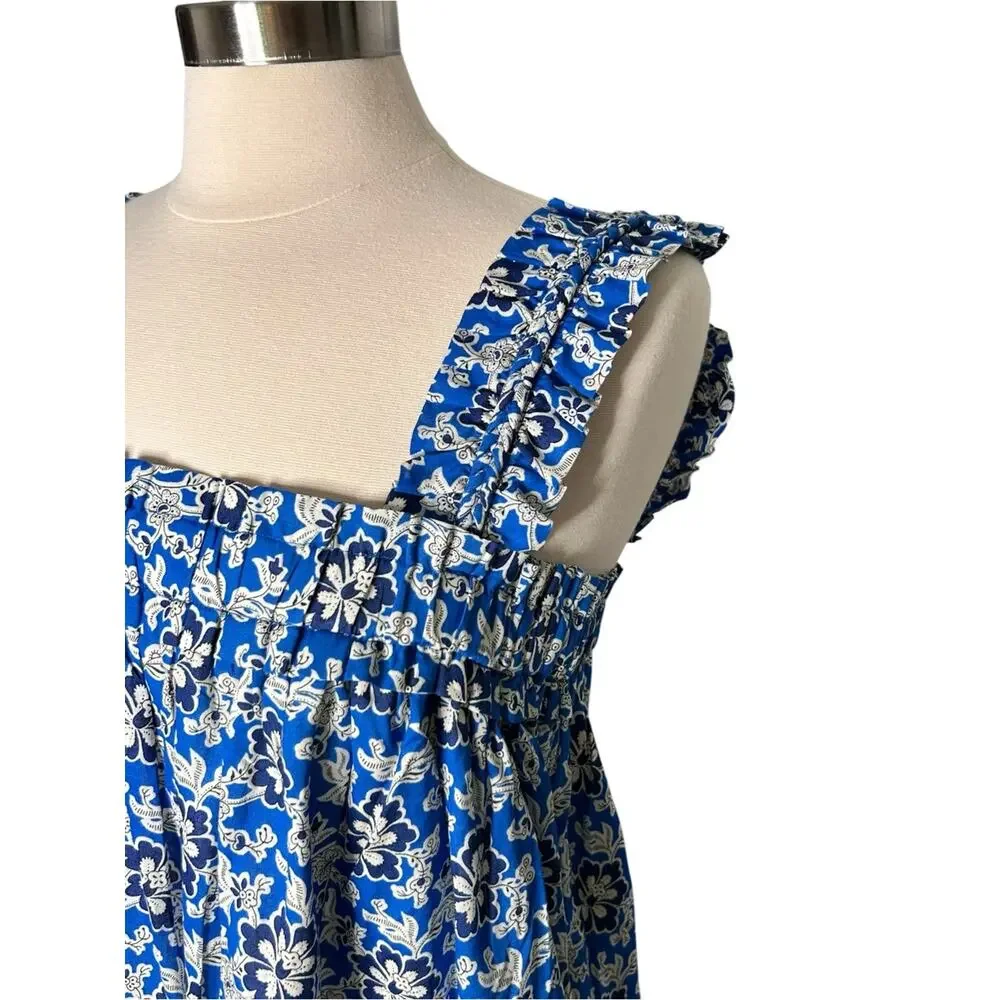 J. Crew Cotton Voile Ruffle-Trim Shift Midi Dress Cobalt Floral Size L NWT